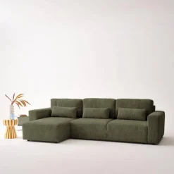 Divano letto angolare reversibile con contenitore in velluto a coste, da 3 a 5 posti