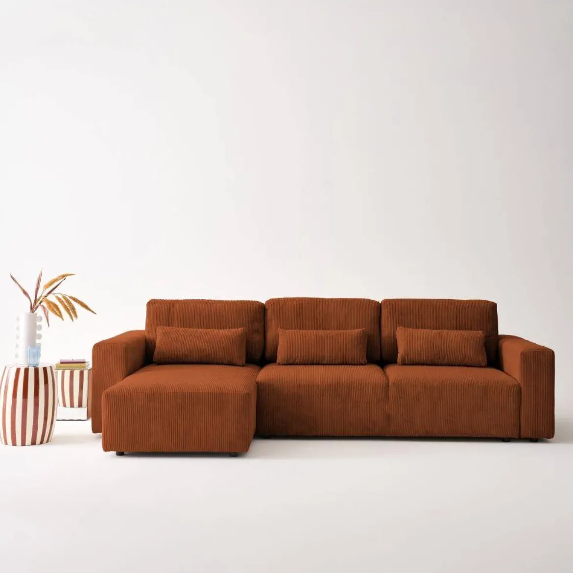 Divano letto angolare reversibile con contenitore in velluto a coste, da 3 a 5 posti