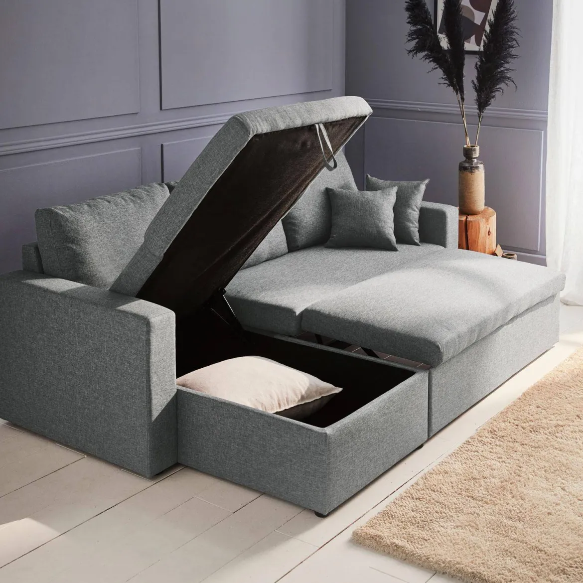Divano letto angolare reversibile con contenitore, 3 posti
