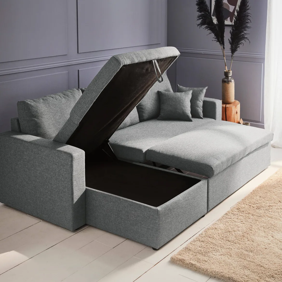 Divano letto angolare reversibile con contenitore, 3 posti