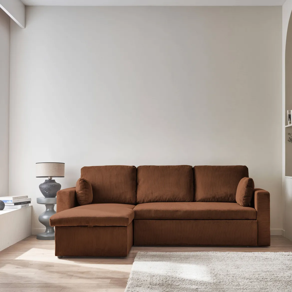 Divano letto angolare reversibile in velluto a coste, 3 posti