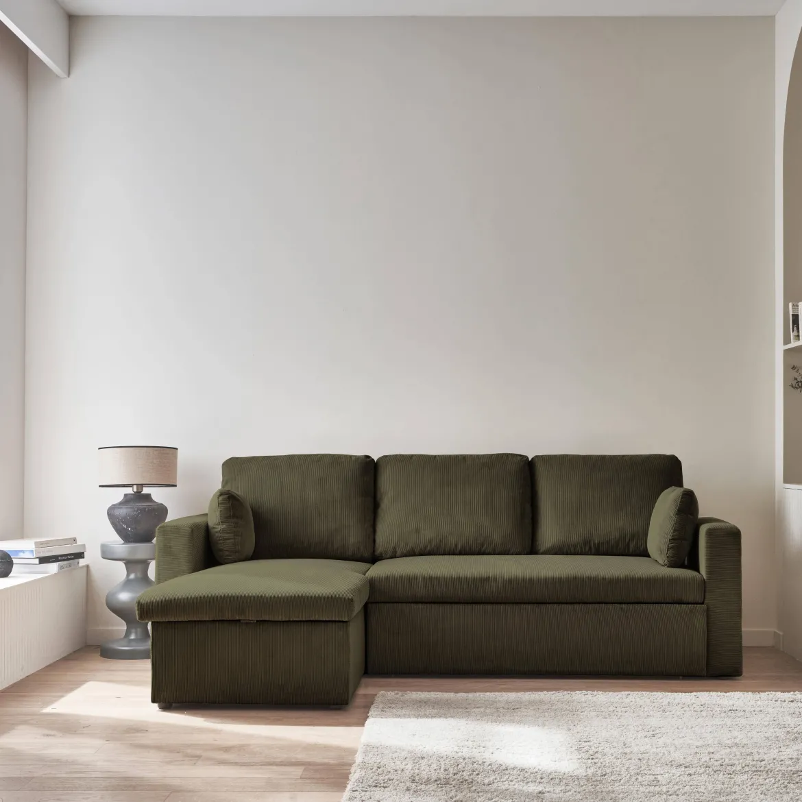 Divano letto angolare reversibile in velluto a coste, 3 posti