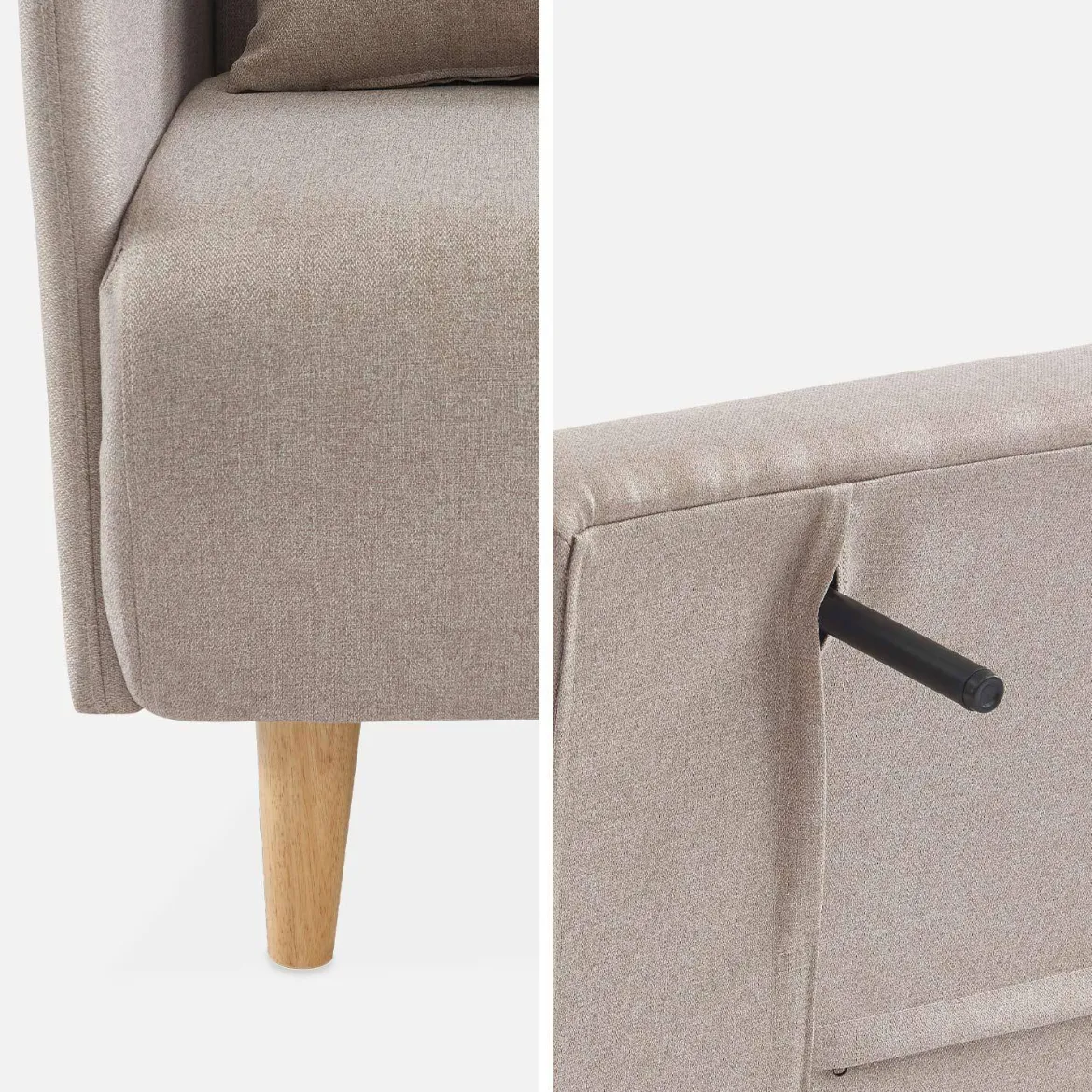 Divano letto clic-clac in tessuto con gambe in legno, 2 posti
