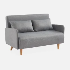 Divano letto clic-clac in tessuto con gambe in legno, 2 posti