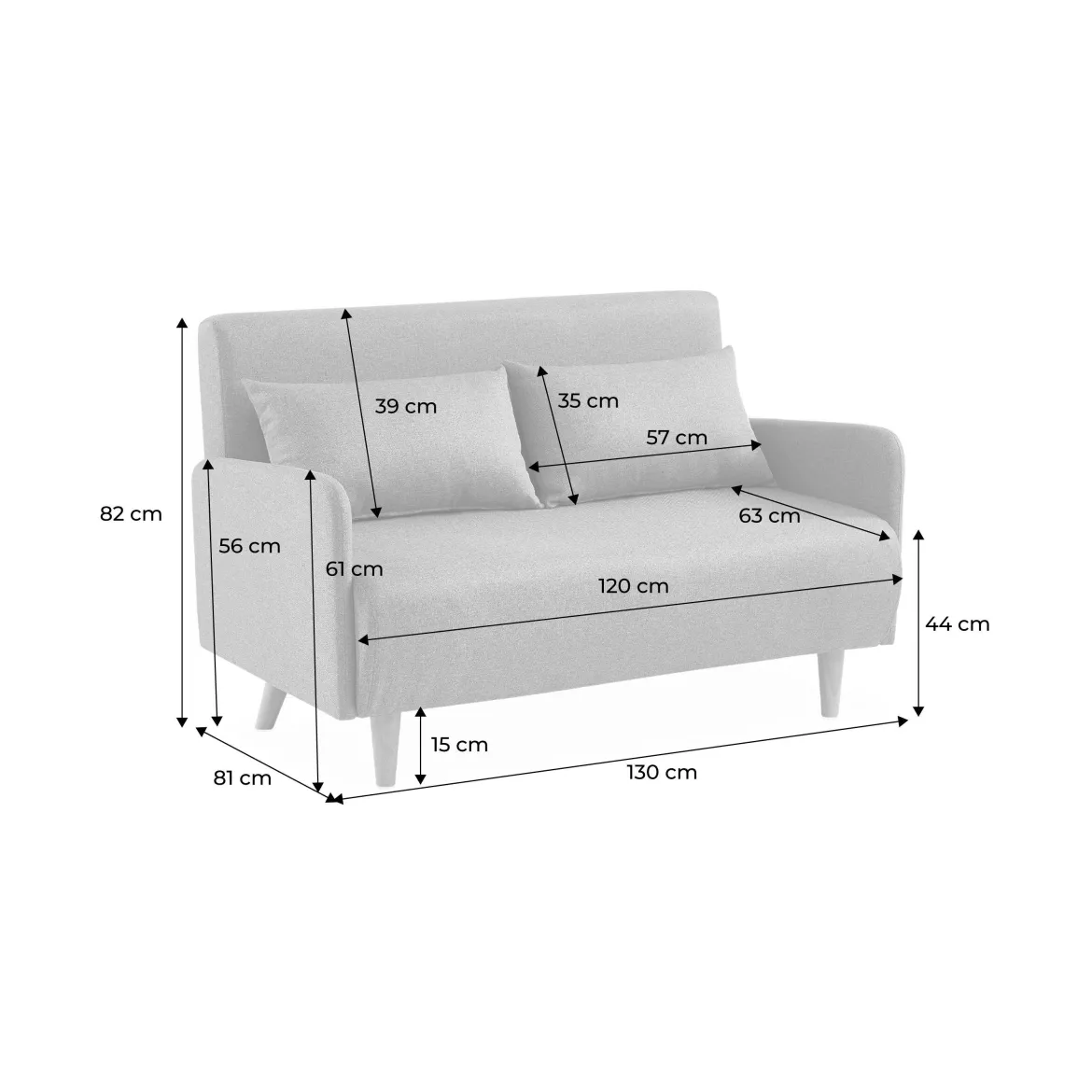Divano letto clic-clac in tessuto con gambe in legno, 2 posti