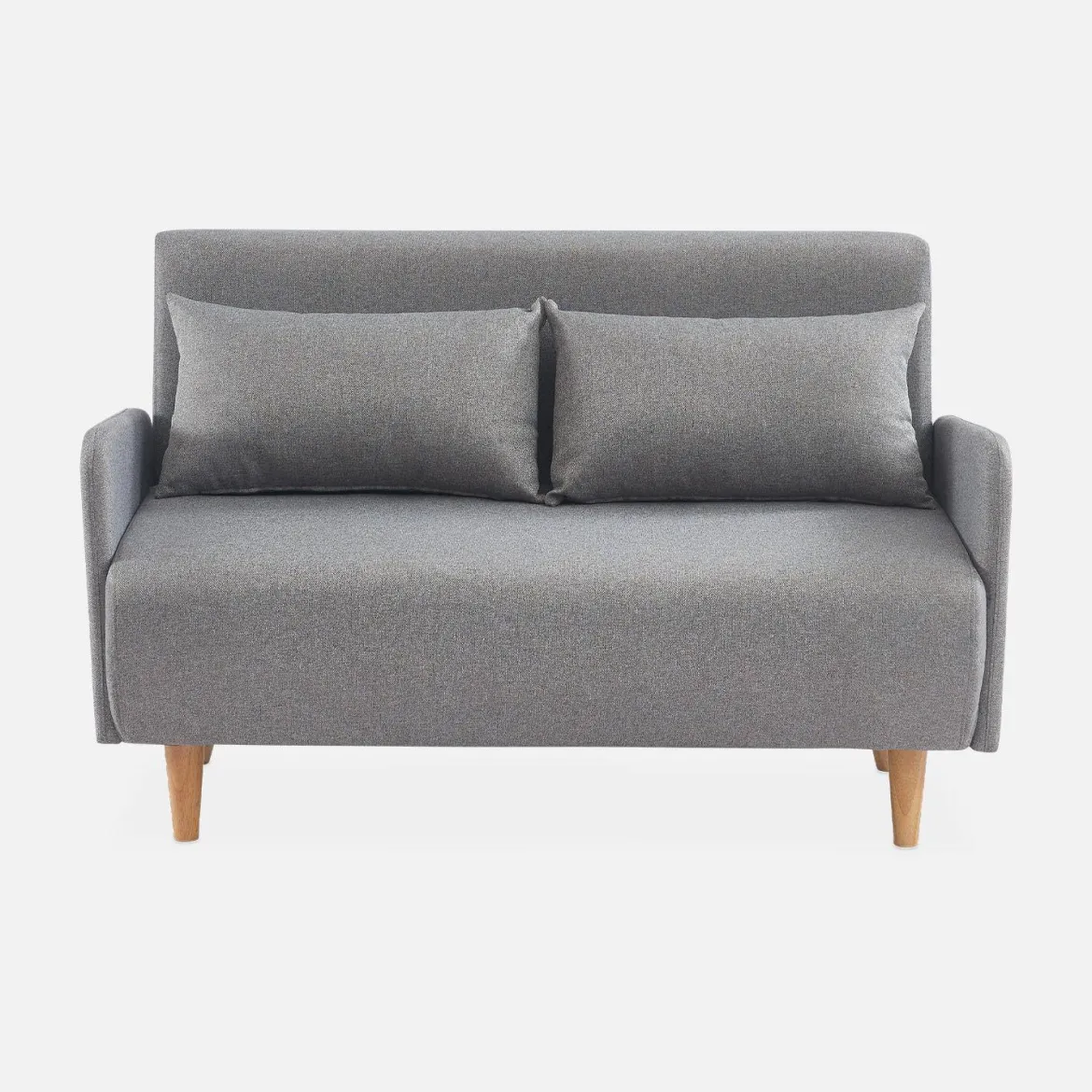 Divano letto clic-clac in tessuto con gambe in legno, 2 posti