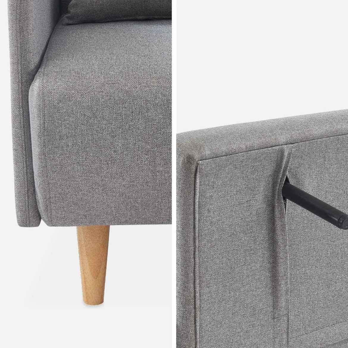 Divano letto clic-clac in tessuto con gambe in legno, 2 posti