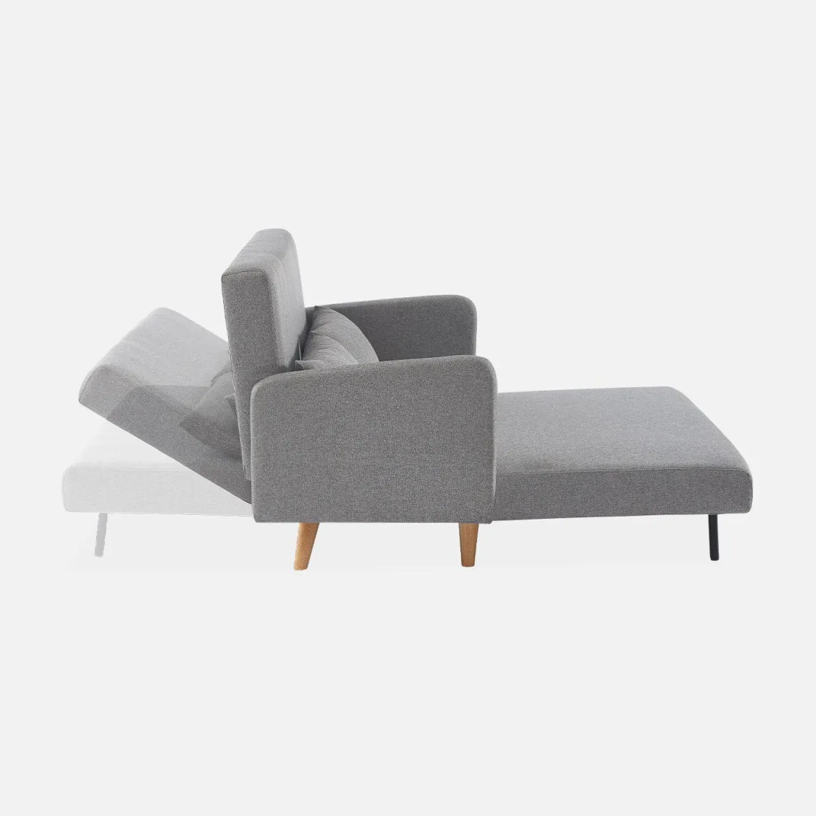 Divano letto clic-clac in tessuto con gambe in legno, 2 posti