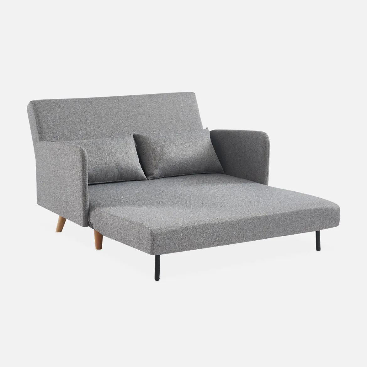 Divano letto clic-clac in tessuto con gambe in legno, 2 posti