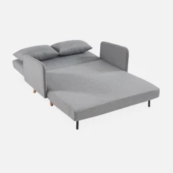 Divano letto clic-clac in tessuto con gambe in legno, 2 posti
