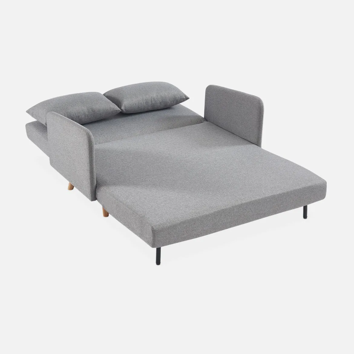 Divano letto clic-clac in tessuto con gambe in legno, 2 posti