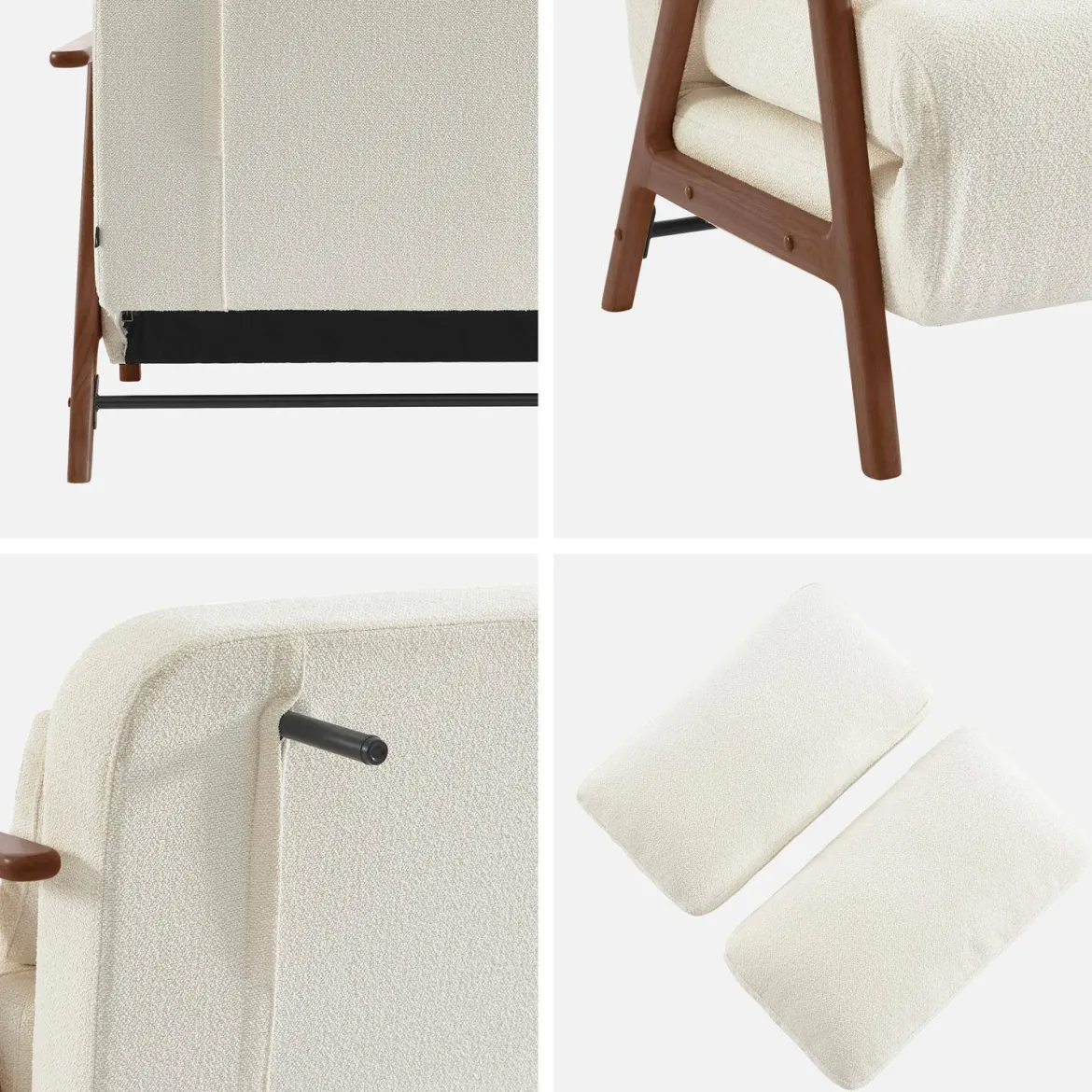 Divano letto convertibile 2 posti in legno di hevea tinto noce chiaro e tessuto bouclé