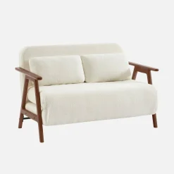Divano letto convertibile 2 posti in legno di hevea tinto noce chiaro e tessuto bouclé