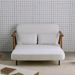 Divano letto convertibile 2 posti in legno di hevea tinto noce chiaro e tessuto bouclé