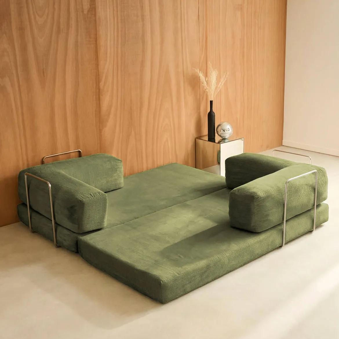 Divano letto futon in velluto a coste e struttura cromata