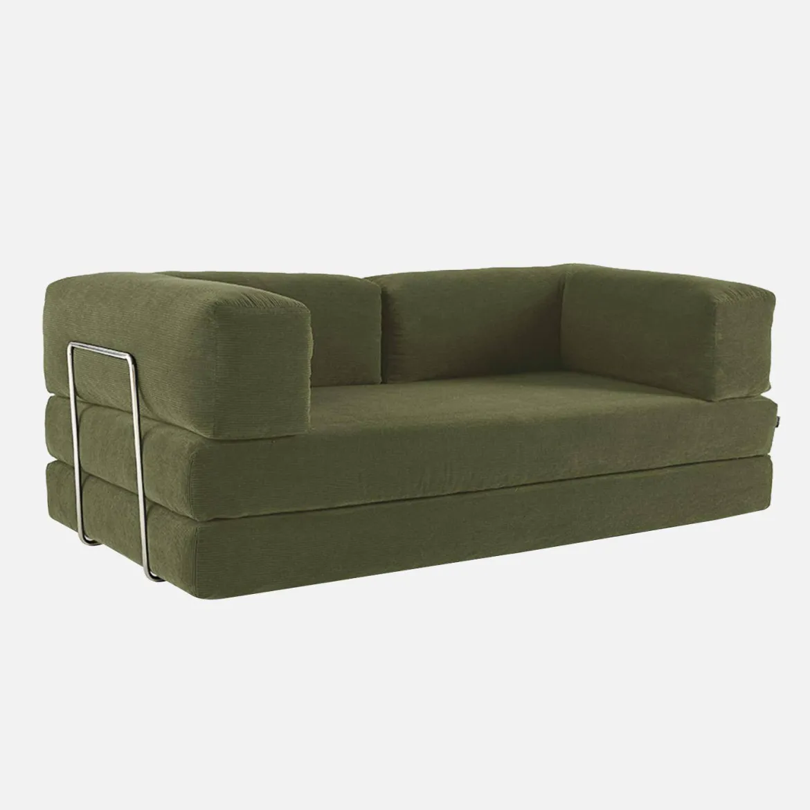 Divano letto futon in velluto a coste e struttura cromata