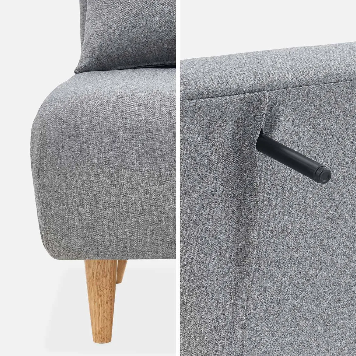 Divano letto in tessuto con gambe in legno, 2 posti