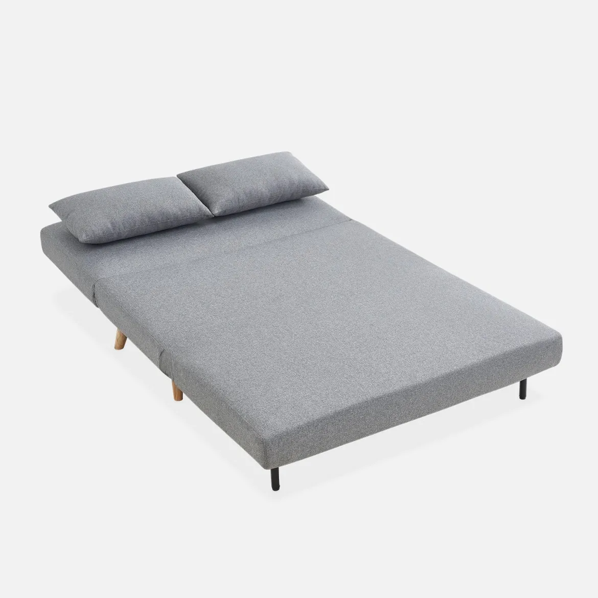 Divano letto in tessuto con gambe in legno, 2 posti