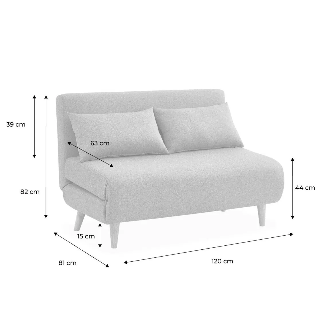 Divano letto in tessuto con gambe in legno, 2 posti