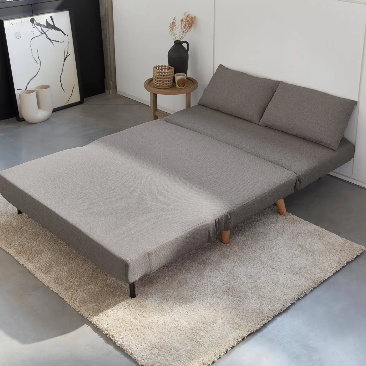 Divano letto in tessuto con gambe in legno, 2 posti