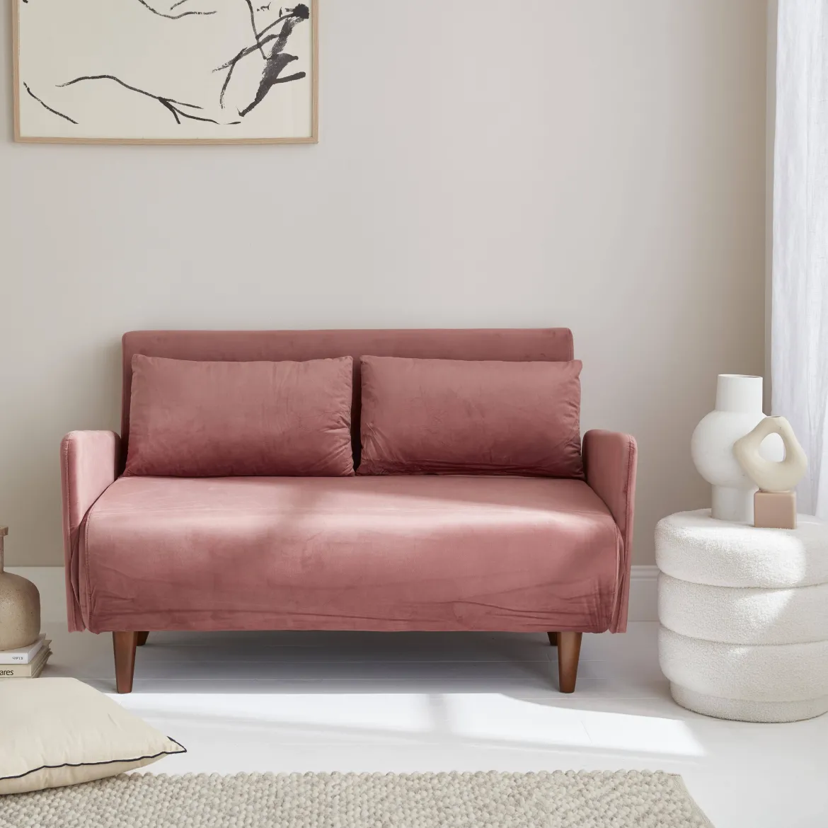 Divano letto in velluto con gambe in legno, 2 posti