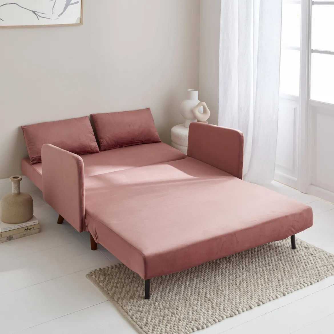 Divano letto in velluto con gambe in legno, 2 posti