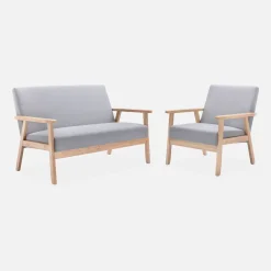 Divano stile scandinavo in legno e tessuto, 2 posti