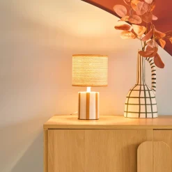 Lampada da tavolo interno ceramica paralume effetto rattan, 28cm