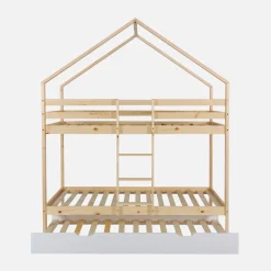 Letto a castello per bambini a forma di casa 190cm in pino naturale con cassetti