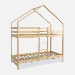 Letto a castello per bambini a forma di casa 190cm in pino naturale con cassetti
