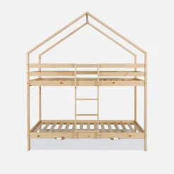 Letto a castello per bambini a forma di casa 190cm in pino naturale con cassetti