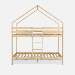 Letto a castello per bambini a forma di casa 190cm in pino naturale con cassetti