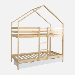 Letto a castello per bambini a forma di casa 190cm in pino naturale con cassetti