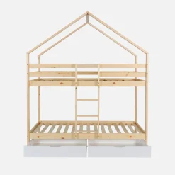 Letto a castello per bambini a forma di casa 190cm in pino naturale con cassetti