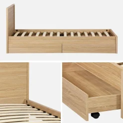 Letto con rete a doghe e testiera 90cm + 2 cassetti decorazione legno