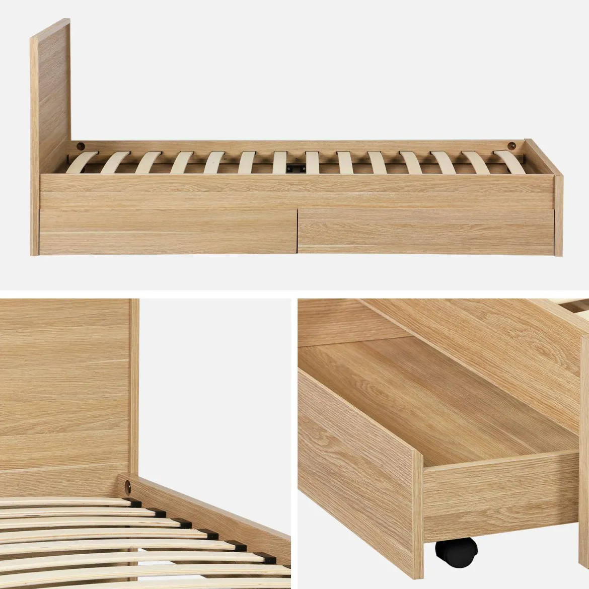 Letto con rete a doghe e testiera 90cm + 2 cassetti decorazione legno