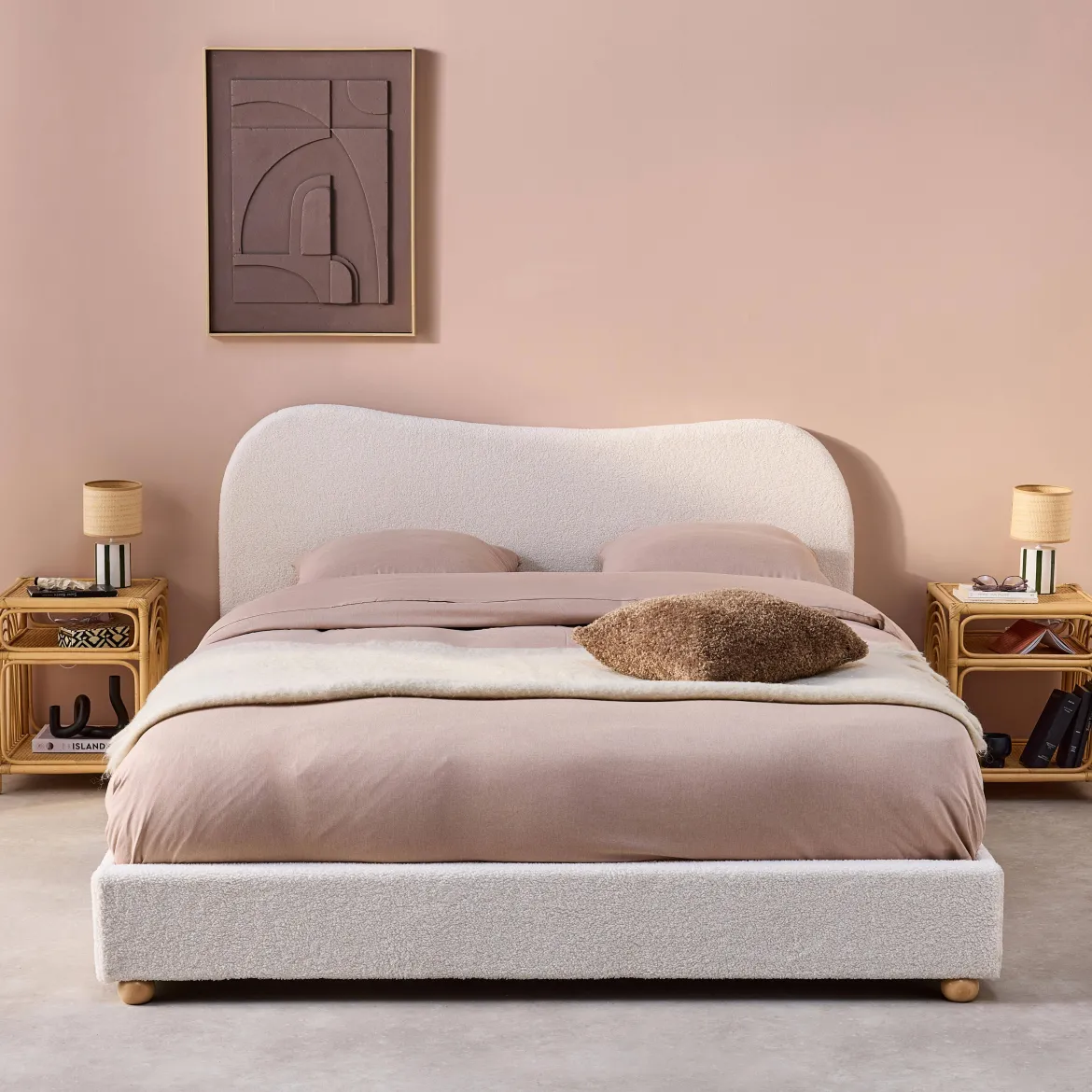 Letto con rete a doghe e testiera, bianco con finitura bouclé