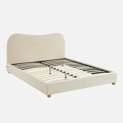 Letto con rete a doghe e testiera, bianco con finitura bouclé