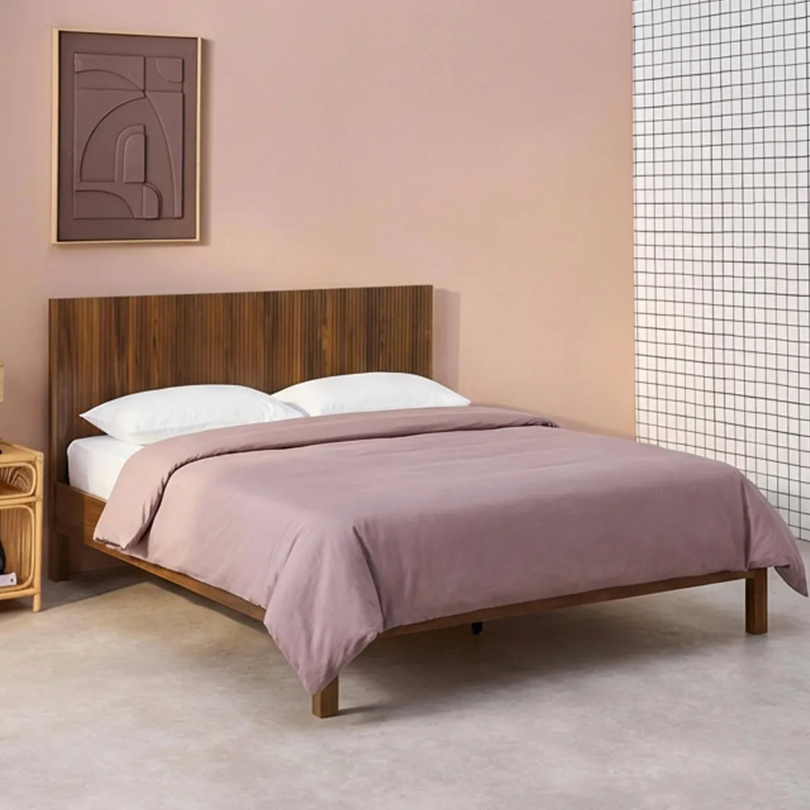 Letto con rete a doghe e testiera 140x190cm decorazione legno