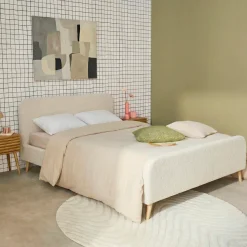 Letto con rete e testiera imbottita bouclé, 160x200cm