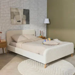 Letto con rete e testiera imbottita bouclé, 140x190cm
