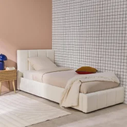 Letto contenitore con rete a doghe e testiera 90x190cm imbottito bouclé