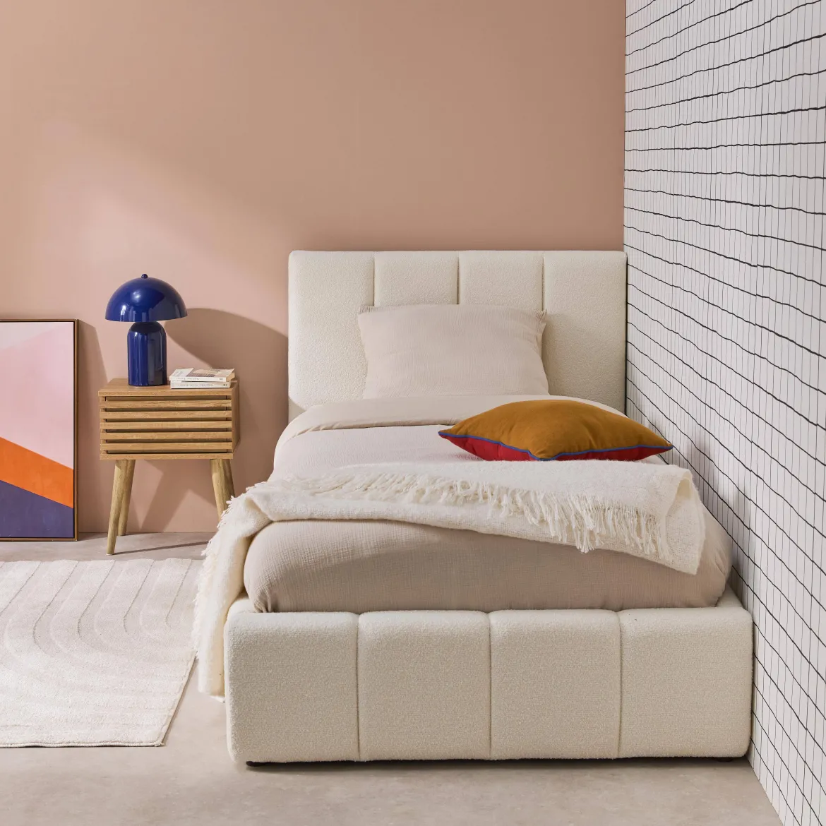 Letto contenitore con rete a doghe e testiera 90x190cm imbottito bouclé