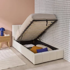 Letto contenitore con rete a doghe e testiera 90x190cm imbottito bouclé
