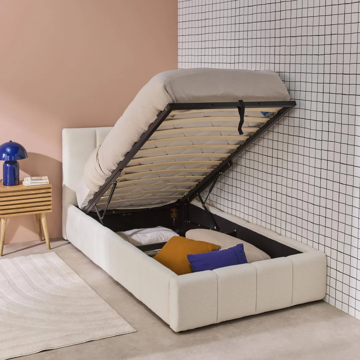 Letto contenitore con rete a doghe e testiera 90x190cm imbottito bouclé