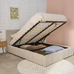 Letto contenitore con rete a doghe e testiera 160x200cm, bouclé