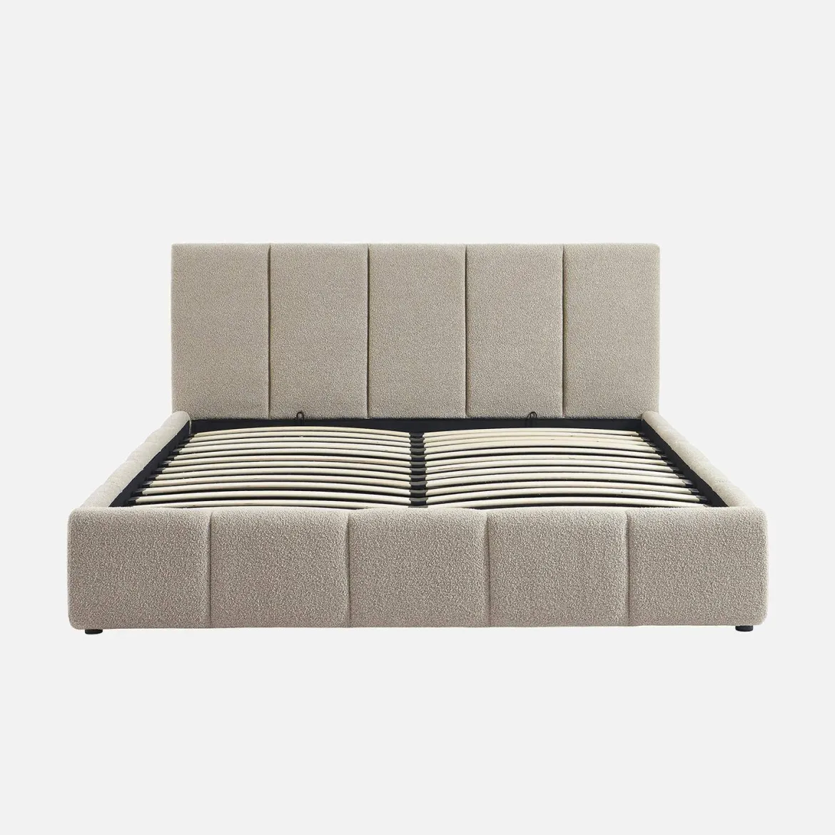 Letto contenitore con rete a doghe e testiera 160x200cm, bouclé