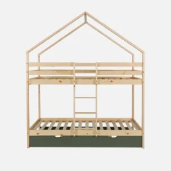 Letto a castello per bambini a forma di casa 190cm in pino naturale con cassetti