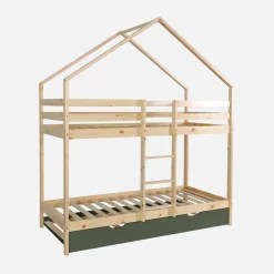 Letto a castello per bambini a forma di casa 190cm in pino naturale con cassetti
