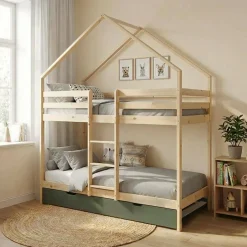 Letto a castello per bambini a forma di casa 190cm in pino naturale con cassetti
